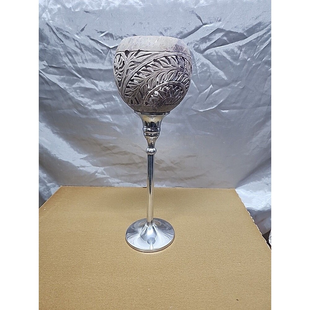 Carved Stone Tealight Votive Candle Holder Holder Made In India 11.5 tall